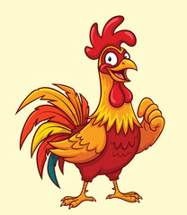 A colorful, cartoon rooster with a red comb and wattle, orange and yellow feathers, and a vibrant tail, standing and appearing to crow or speak.