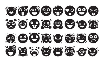  Emoji bundle silhouette of vector set of funny cartoon faces set of emoji smileys set of smiley faces and vector illustration black vector on white background 
