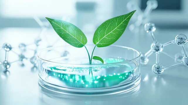 A small plant sprouting in a petri dish filled with a blue solution surrounded by molecular structures in a lab environment