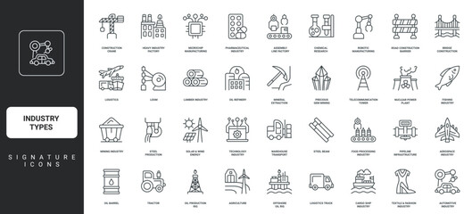 Construction and agriculture, fishing, mining thin black symbols vector illustration. Types of industry, different industrial plants and manufacturing, power energy production line icon set. © Icon Majesty