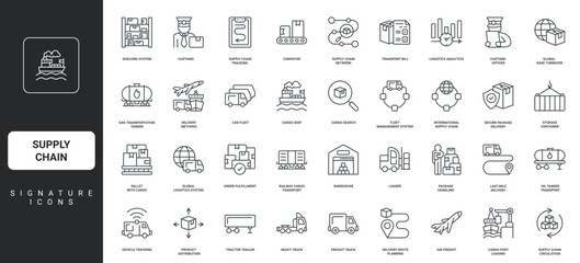 Product box distribution, supplier search thin black symbols vector illustration. Supply chain, delivery and cargo transportation, logistic service and factory warehouse line icon set.