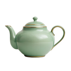 Green tea pot with a gold rim sits on a white background. 3D png transparent background