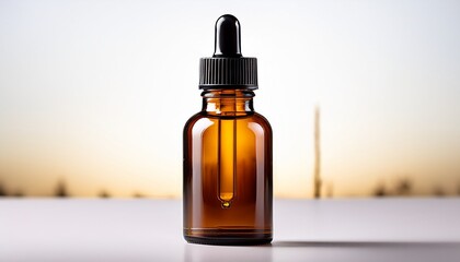 Fototapeta premium amber glass bottle with dropper containing liquid against plain field on white background