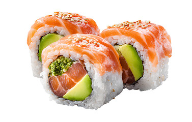 Sushi rolls with salmon, avocado, and rice on a transparent background