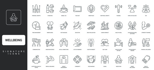 Medical and spa body care, yoga and exercises, healthy sleep, food thin black symbols vector illustration. Wellbeing, mental and physical health, satisfaction, work life balance line icon set.