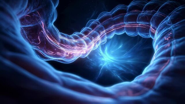 Medical visualization of a colonoscopy procedure reveals glowing energy field within large intestine, potentially illustrating the flow of energy or activity within digestive system