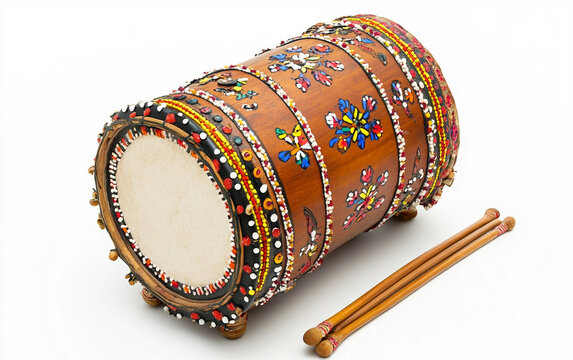 A festive dhol drum with decorated sticks representing cultural rhythm and celebration. Generative AI.
