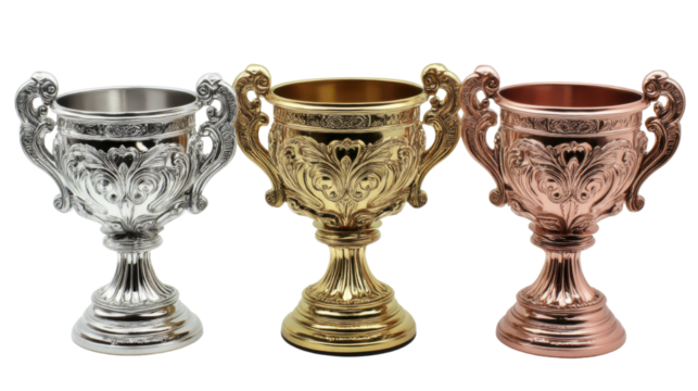 three shiny trophies golden silver and bronze on white background - Powered by Adobe