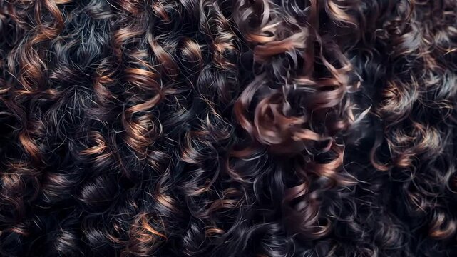 Rich texture of curly black hair adorned with subtle caramel highlights in close up detail