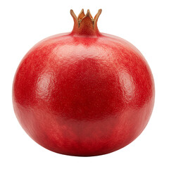 Single ripe red pomegranate fruit with a textured skin and a crown like top, isolated on a transparent background