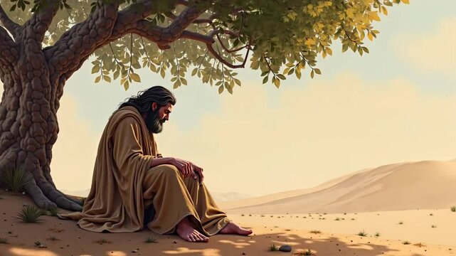 John the Baptist praying in the desert while fasting