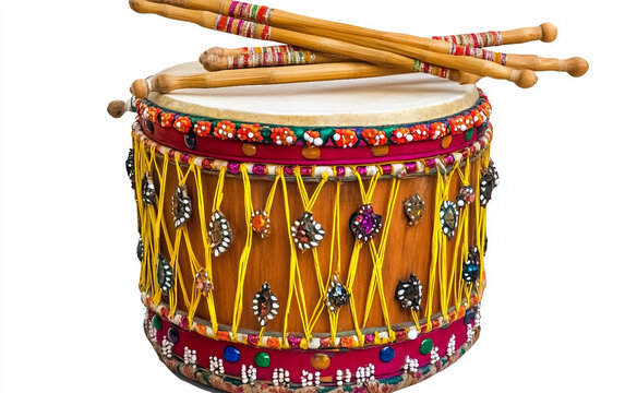 A vibrant festive dhol drum adorned with beautifully decorated sticks for traditional celebrations. Generative AI.