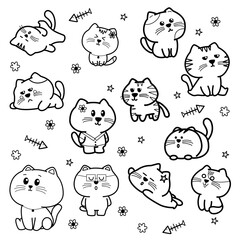 Hand drawn of vector illustration character cute cats. Doodle cartoon style