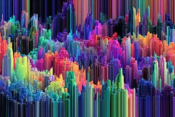 Obraz premium Digital distortion background with multicolored neon palette, high detail, panoramic view