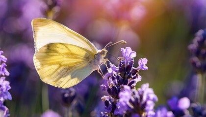 Naklejka premium close up of a pale yellow butterfly delicately feeding on a vibrant purple lavender flower