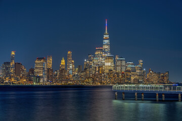The famous skyline of downtown Manhattan in New York City at night