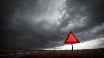 A striking red warning sign stands alone against an ominous stormy sky, evoking a sense of foreboding and isolation.