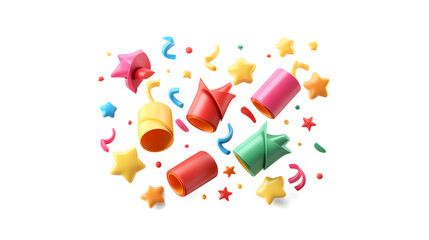 Colorful party decorations including confetti, stars, and streamers in vibrant hues, creating a festive atmosphere.