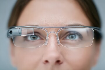 Fototapeta premium Close-up view of a focused woman wearing smart glasses showcasing wearable technology and innovation emphasizing digital connection and modern lifestyle trends in contemporary aesthetics