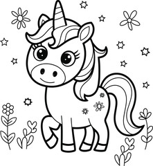 A whimsical illustration of a cute unicorn with big eyes, surrounded by stars and flowers. This charming design is perfect for coloring activities or magical-themed projects.