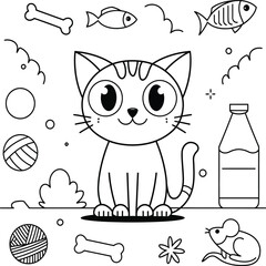 A charming illustration of a cute cat sitting among playful elements like fish, a milk bottle, and toys.