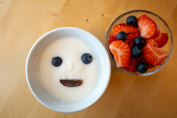 Mors, Denmark A bowl of yougurt with fresh strawberries and blueberies. © Alexander