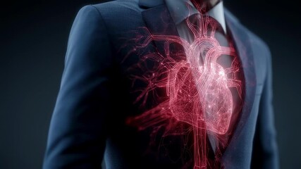 Medical science visualization showing a businessman clutching his chest in pain while a holographic image of his heart and circulatory system is displayed, highlighting potential blockages - Powered by Adobe