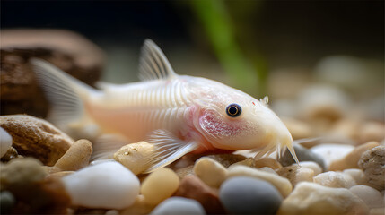 A close-up of a pale catfish resting on smooth pebbles in a serene aquarium setting.