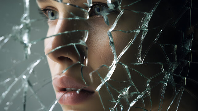 A striking close-up of a young Caucasian woman�s face behind broken glass, capturing a moment of vulnerability and beauty.