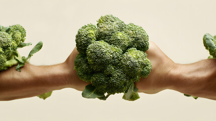 Creative hands hold broccoli, showcasing a playful approach to healthy eating with fresh greens on a neutral background.