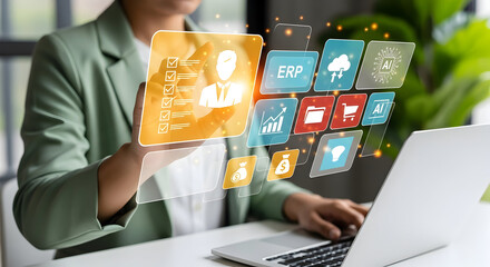 Businesswoman Engaging with Virtual Data and Digital Interface for Enterprise Management