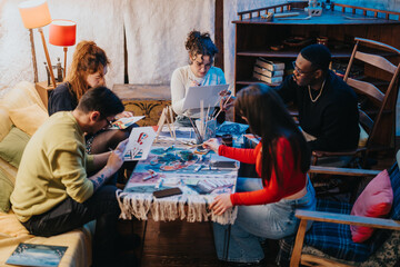 A group of friends engages in an art activity, painting around a shared table in a cozy home environment. This scene depicts creativity, friendship, and shared experience among diverse individuals. © qunica.com