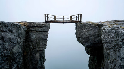 A breathtaking wooden bridge connects two rocky cliffs in a foggy landscape, evoking a sense of adventure and solitude.