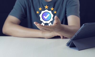 A quality assurance icon floats above a hand, symbolizing certified business, trusted services, and verified shops. This concept is ideal for visuals related to e-commerce.