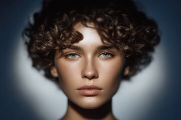 Fototapeta premium Young woman with curly hair and captivating blue eyes illuminated softly against a dark backdrop showcasing beauty and allure in a striking portrait composition