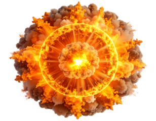 Top-Down Burst Explosion in Fiery Orange with Expanding Shockwave and Dust Cloud, Isolated on Transparent Background
