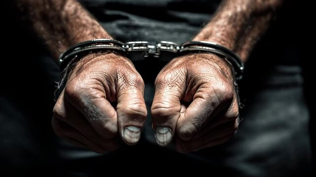 A close up reveals hands tightly bound by handcuffs, symbolizing the consequences of crime and law enforcement actions in society