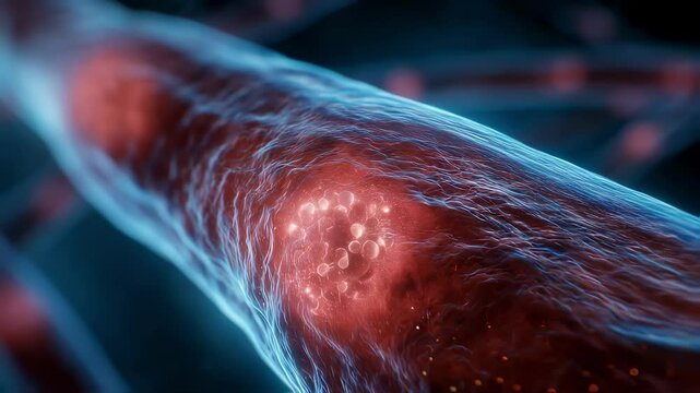 Medical animation showing cancer growing in a skin layer, with glowing cells multiplying and spreading, providing a visual representation of the disease's progression