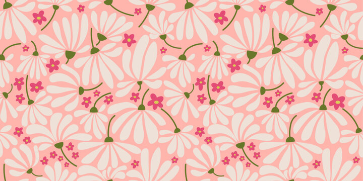 Cute Abstract Pink Groovy Exotic Tropical Flowers in a Seamless Pattern. Vector Illustration.