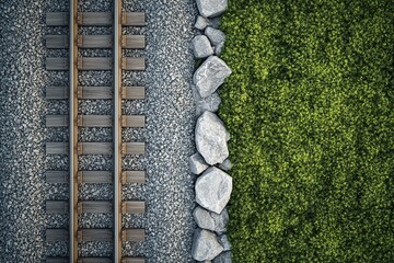 Close-up of two railway tracks in different directions, top view, with grass on the right side of one track