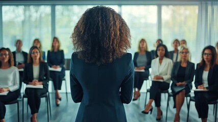 A woman leads a workshop on business leadership while engaging with a diverse group of female attendees in a modern conference space