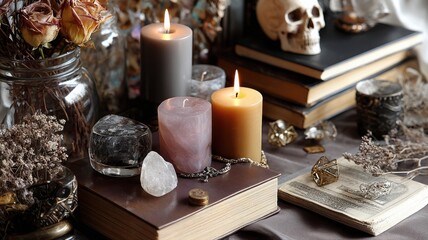Eerie Halloween Flat Lay: Skull, Books and Roses