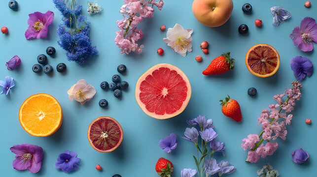A vibrant flat lay of fresh fruits and colorful flowers, featuring strawberries, oranges, and grapefruit on a blue background. - Powered by Adobe