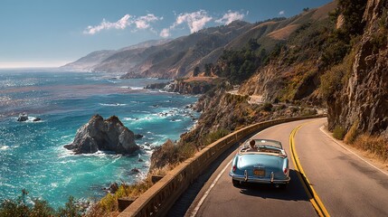 Coastal highway drive with vintage car along rocky cliffs and turquoise ocean waves under blue sky