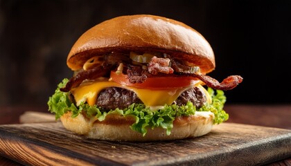 delicious gourmet burger with bacon cheese and lettuce served on a wooden cutting board