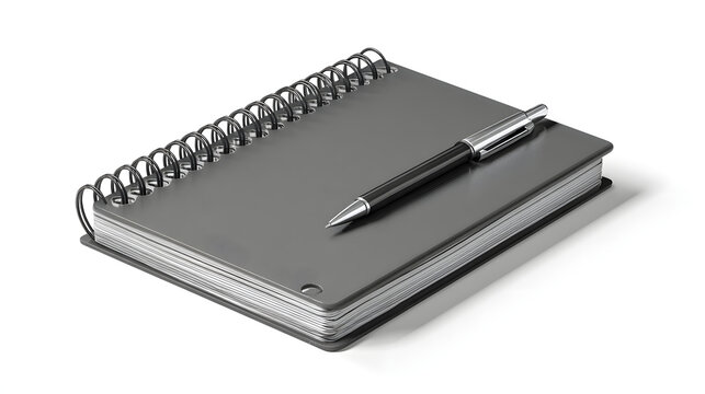 A spiral-bound notebook with a black cover and a silver pen resting on top, ideal for note-taking and brainstorming. - Powered by Adobe
