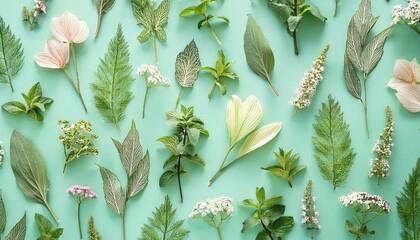 delicate floral herb pattern on a mint green background