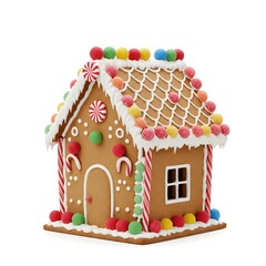 A meticulously crafted gingerbread house, adorned with colorful candies, exudes festive cheer