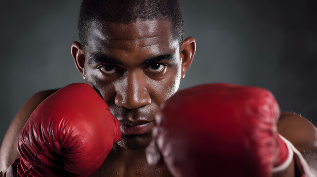 A focused Black male boxer in red gloves, ready to fight, showcasing determination and strength in a dramatic lighting setup.