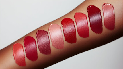 Collection of lipstick swatches on female arm in various shades